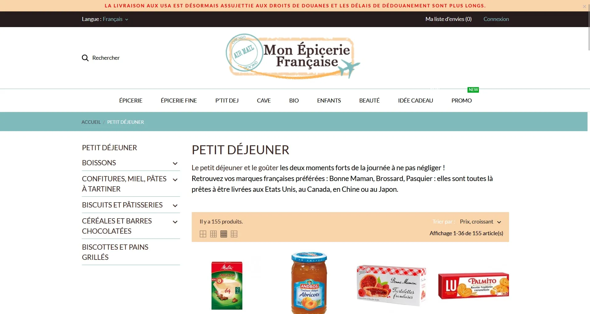 Page Petit déjeuner de la boutique PrestaShop Mon Épicerie Française