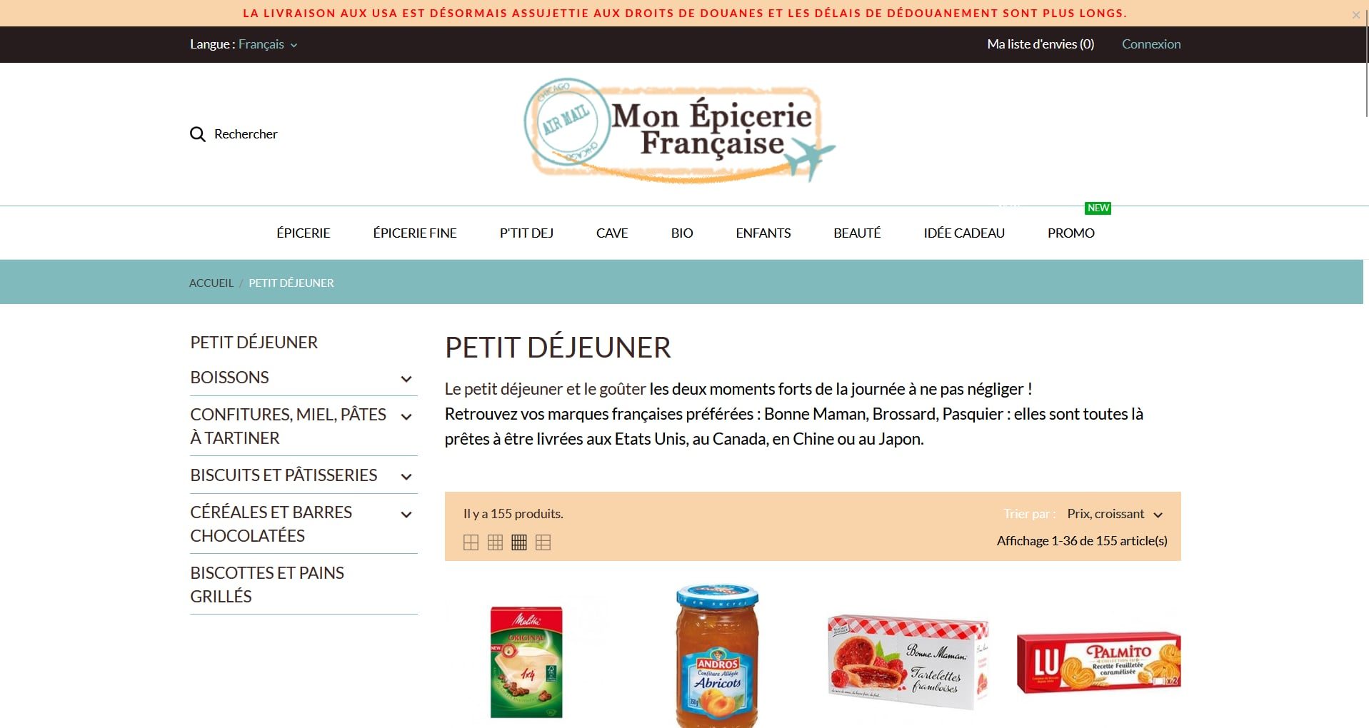 Page Petit déjeuner du site Mon Épicerie Française, avec son menu de catégories